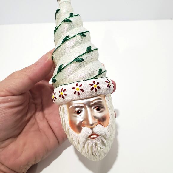 Glass Santa Ornament White w/Green Vine Red Yellow Flowers Winter - Picture 10 of 16